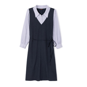 
Qisa autumn and winter new French temperament waist-hugging A-line meat-covering and slimming long-sleeved shirt, strap, fake two-piece dress