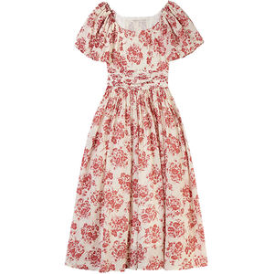 
Chings French retro one-length printed dress Hepburn style high waist slimming puff sleeve cotton A-line skirt