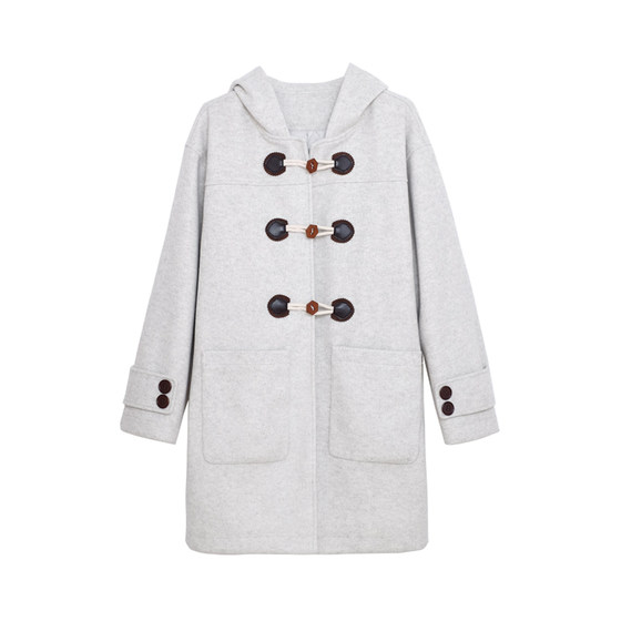 
Huanghuangjia niche button hooded coat 2025 winter new style retro texture silhouette mid-length woolen coat for women