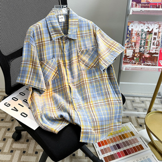 Summer retro lapel plaid shirt men's loose vintage casual short-sleeved plaid shirt jacket ບາງສ່ວນ