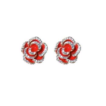Silver needle ethnic style women's red camellia earrings