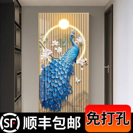 轻奢入户玄关装饰画走廊过道墙画镶钻简约新中式玄幻挂画吉祥孔雀