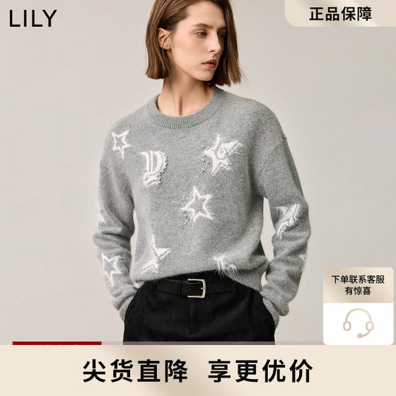 LILY2024冬新款女装格雷系兔毛印花圆领针织衫毛衣女