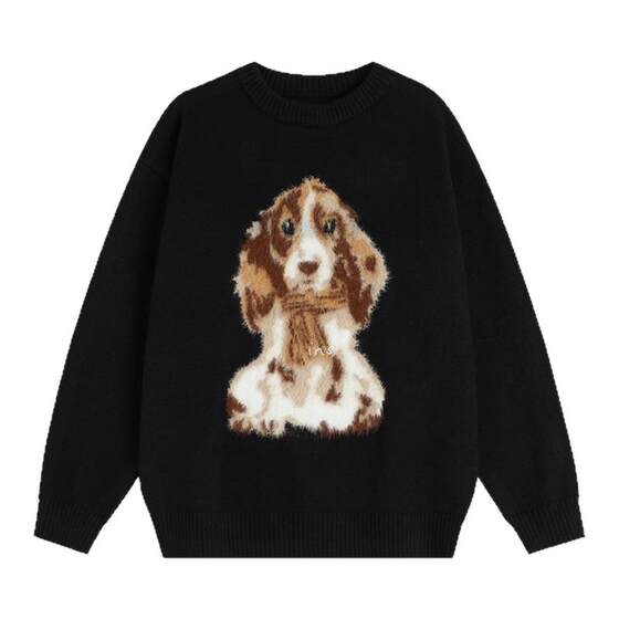 INSstudios Chinese trendy couple American style plush puppy jacquard sweater loose pullover sweater for men