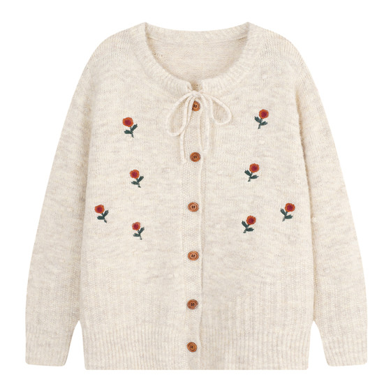 YUZI caviar soft waxy knitted cardigan extra large size for women autumn and winter embroidered flower lace-up sweater jacket gentle top