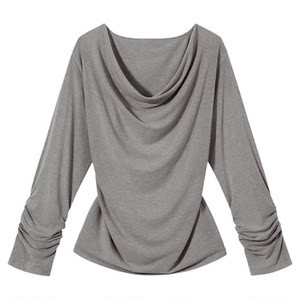 
PSO Brand Women's Retro One Shoulder Swing Collar Waist Gray Off-Shoulder Long Sleeve T-Shirt Casual Halter Top