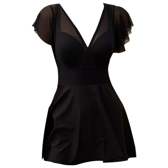 Aimu fox black conjoined swimming dress -style swimsuit women's sunscreen covering belly thin swimwear soaked hot spring swimsuit
