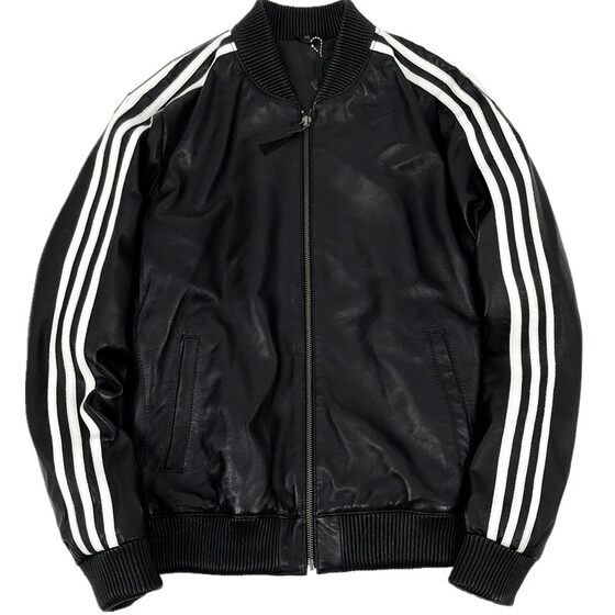 
Three-bar young youth slim casual and energetic sheepskin Nissan zipper thread men's genuine leather jacket