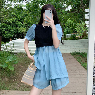 taobao agent Summer sexy set, jacket, bra top, plus size, puff sleeves