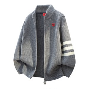 
Charles Heart Contrast Striped Stand Collar Knitted Cardigan Sweater for Men and Women in Autumn and Winter Couples Simple Casual Jacket