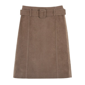 
MULVAN Sunset Long River Retro Suede High Waist Skirt Women's Detachable Belt Brown Style Straight Midi Skirt