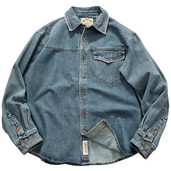
American retro workwear men's long-sleeved shirt jacket trendy brand jacket spring and autumn loose heavy denim shirt men