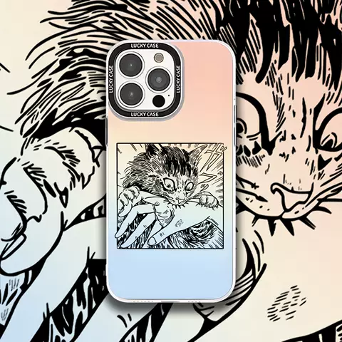 Distressed Manga Cat Biting Hand Artwork Gradient Phone Case for iPhone 17, 16, 15, 14 and 13