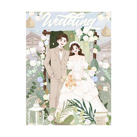 漫画風ウェディング手描きキャンバスウォールアート - アクリル絵画