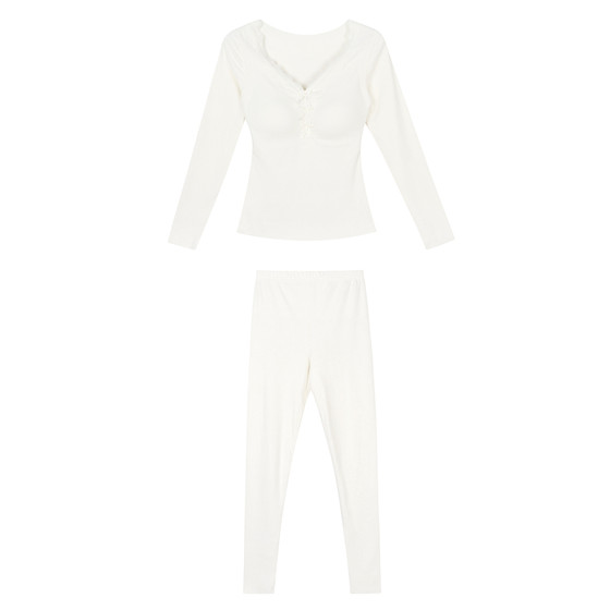 
JoyceBra Mulberry Silk Thermal Underwear Women's Padded V-Neck Lace Slim Autumn Clothes and Autumn Pants Set