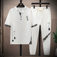 Мужская шелковая футболка, нарукавники, комплект, ханьфу, короткий рукав, коллекция 2023, китайский стиль, с вышивкой, V-образный вырез