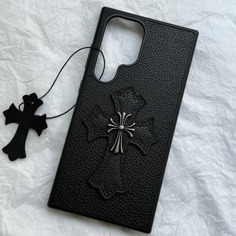 Chrome Hearts – Dark Leather With Silver Cross Charm - S24, S24 Plus, S24 Ultra Samsung Phone Case