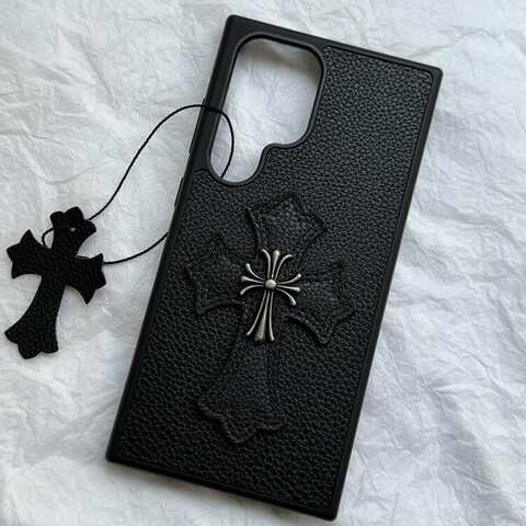 Chrome Hearts – Dark Leather With Silver Cross Charm - S24, S24 Plus, S24 Ultra Samsung Phone Case