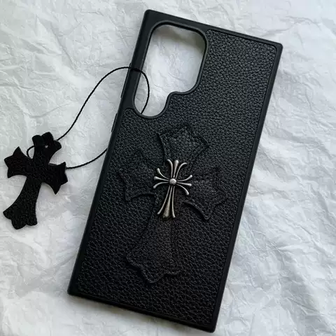 Chrome Hearts Trendy Fashionable – Dark Leather Case With Silver Cross Charm  -Galaxy S24, Galaxy S24 Plus, Galaxy S24 Ultra