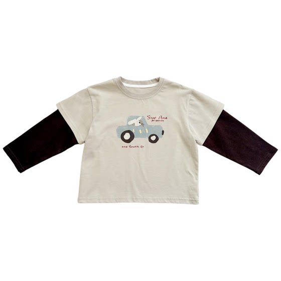 
Soft and waxy pure cotton~boys handsome fake two-piece long-sleeved T-shirt 2026 spring new style contrasting color round neck top for children