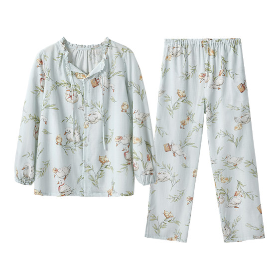 
Manxi summer thin avocado gauze confinement clothes maternity gauze pajamas postpartum breastfeeding home clothes set