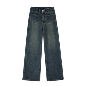 
Retro blue straight-leg jeans for women, high-waisted, spring new, fat mm, large size, loose, slimming, pear-shaped body wide-leg pants