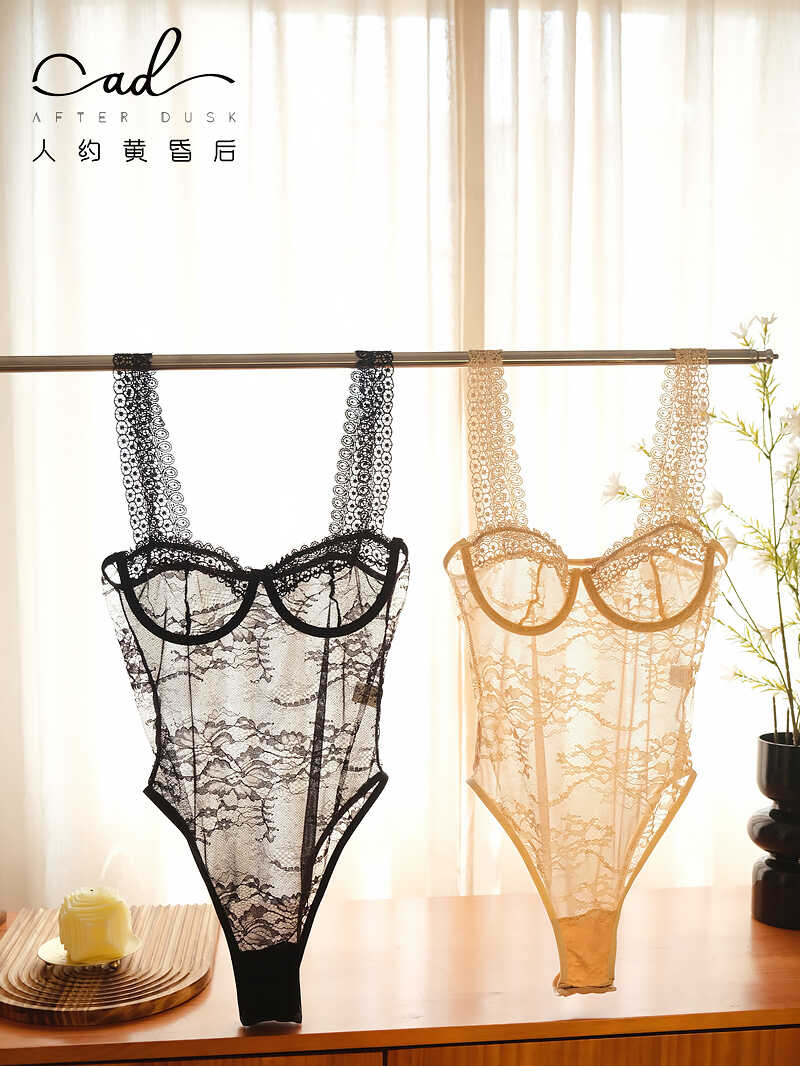 Sexy European and American tight lace bra with steel ring push-up  suspenders French mesh jumpsuit hollow see-through pajamas