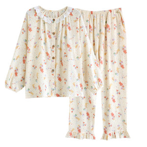 Balloon Bear Cute Pajamas Women's Spring, Autumn, Summer Pure Cotton Gauze Thin Loose Long sleeved Home Fury Set