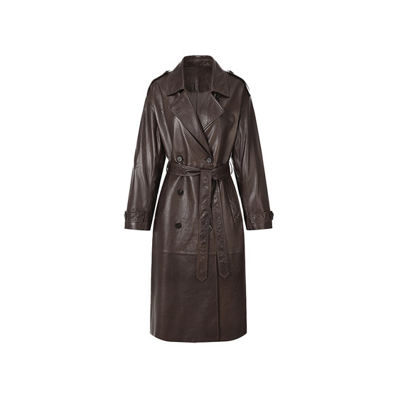 
First-grain sheepskin long leather windbreaker, vintage distressed waxed leather, long silhouette jacket, Bemberg lining