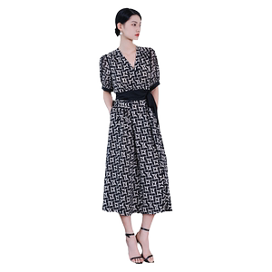 
Yichen Women's Clothing 2025 Summer New Waist Side Lace-up V-neck Dress Retro Printed High-Waist Long Skirt