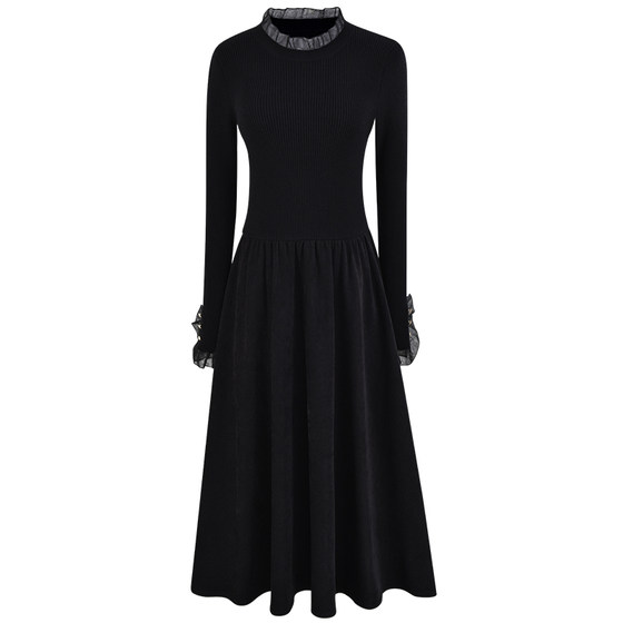 
Yishabufiano temperament splicing knitted dress new women's autumn and winter slim-fitting high-end black long skirt