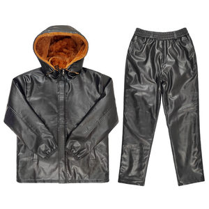 Add velvet thick riding leather jacket suits men's warmth and windproof workwear loose leather pants waterproof ward cotton jacket
