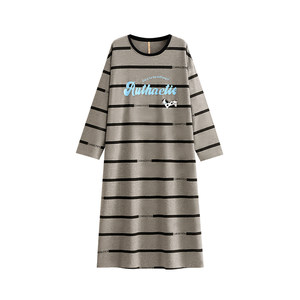 
Carrefen nightgown women's pajamas spring and autumn pure cotton long-sleeved striped skirt plus size Dalmatian long style can be worn outside
