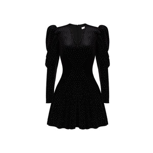 XULU original velvet French elegant temperament V-neck A-line skirt with iron diamond puff sleeves high waist slim short dress
