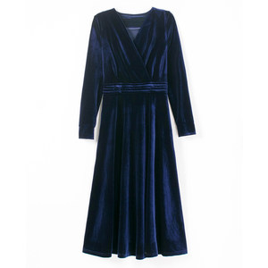 
2025 new blue velvet dress for women autumn and winter V-neck long-sleeved waist A-line slimming elegant evening dress