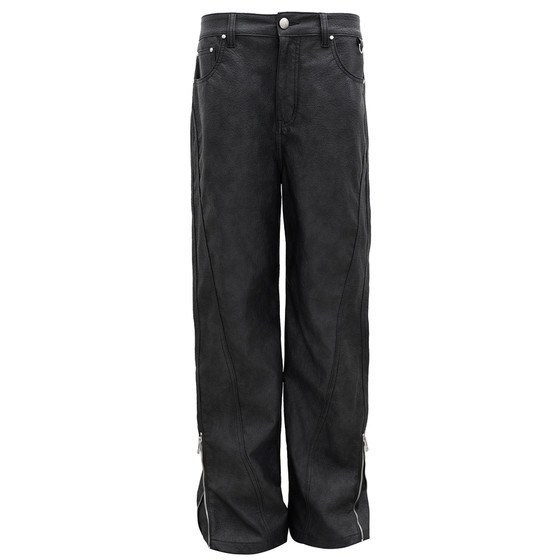 
STK SmallTownKid straight split zipper leather pants American retro straight primary color denim trousers for men and women