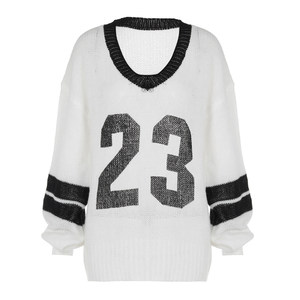 
gusty American street V-neck letter contrast pullover sweater lazy loose college style knitted top women's trendy