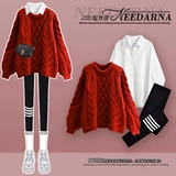 Осенний демисезонный комплект, трикотажный свитер с косичкой, акула, штаны, коллекция 2023, подходит для подростков, облегающий крой, 3 предмета