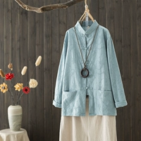 Жакет, ретро рубашка, куртка, китайский стиль, из хлопка и льна, длинный рукав