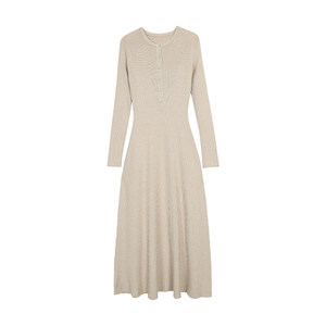 
pusumede Sapporo Holiday Simple Henley Collar Long Sleeve Dress Feminine Slimming Bottoming Long Dress