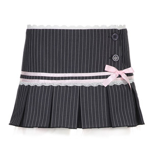 Amyway girl pure retro pink bow striped niche design pleated suit skirt lined with A-line skirt