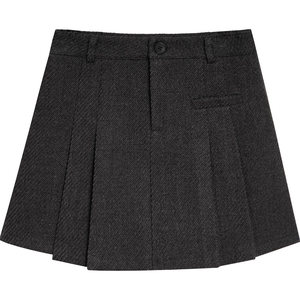 
High-waisted woolen A-line pleated skirt for women, designed asymmetrical floral gray anti-exposure lining woolen skirt