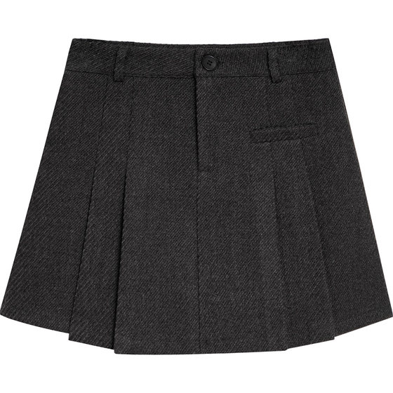 
High-waisted woolen A-line pleated skirt for women, designed asymmetrical floral gray anti-exposure lining woolen skirt