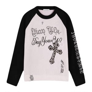 
BeerBro American street leaking letter print sweater for women's autumn side shoulder loose long-sleeved sweater