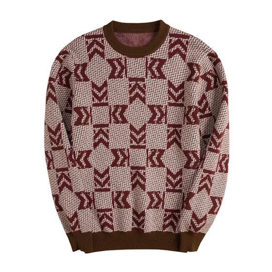 
Winter prismatic plaid three-strand thickened and warm men's cashmere sweater round neck contrasting color 100 pure cashmere youth sweater