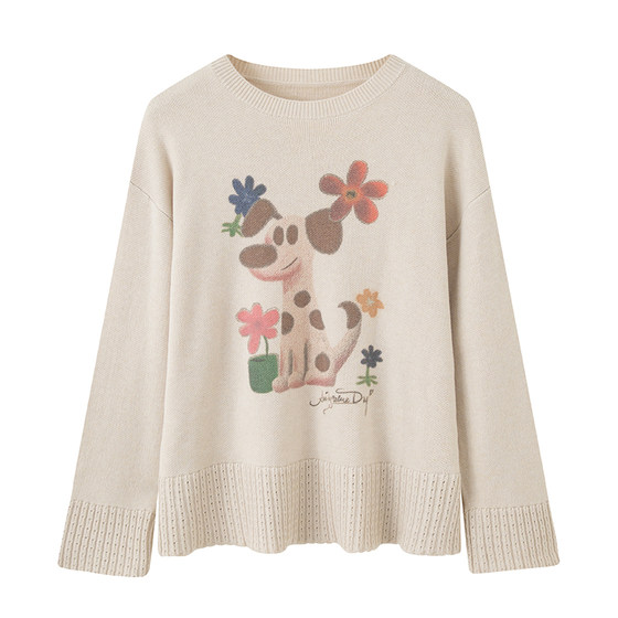 
DIDDIMODA Elated Puppy Embroidered Hem Hollow Loose Pullover Knitted Sweater for Women in Autumn and Winter