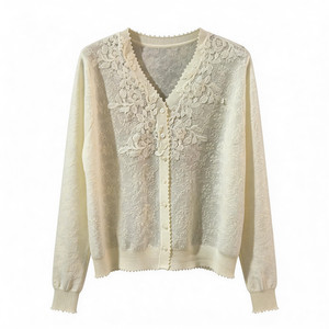 
French high-end spring clothing new lace v-neck lace cardigan jacket thin white top knitted Korean style women's clothing