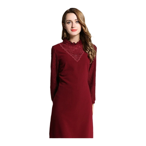 Joewanni Mother -in -law dress Red skirt Children autumn women's new style simple high -waist slim lace long sleeve dress
