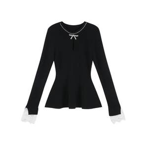 Xiaoxiangfeng Heavy Industry Beaded Black Waist Sweater Women's Spring Round Neck Pullover Slim Short Style Knitted Top