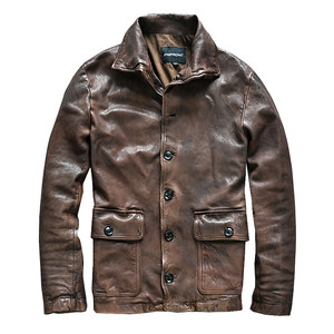 
Japanese retro men's slim lapel regular wash and old single-breasted vegetable-tanned sheepskin leather jacket